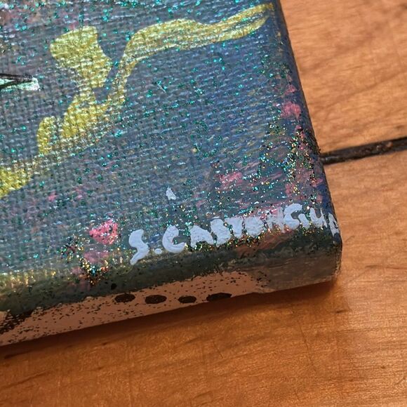 Original Acrylic Painting with Glitter 5x7 Pink Floral Artwork with Green - Picture 7 of 8